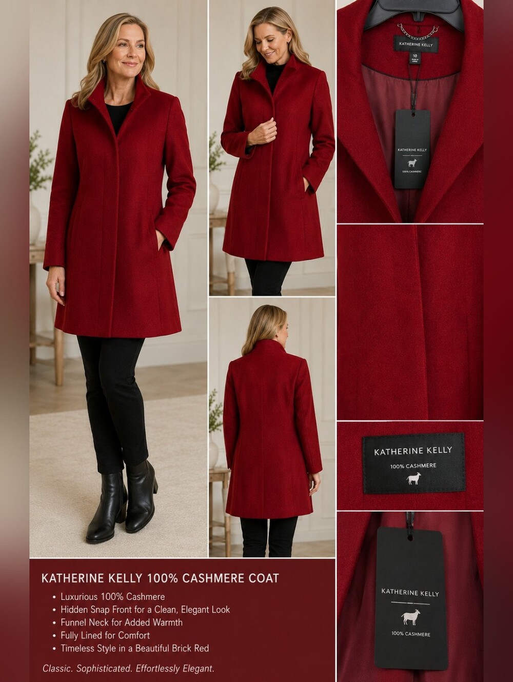Katherine Kelly 100% Cashmere Coat Brick‎ Red Funnel Neck Snap Front Size 10 NEW